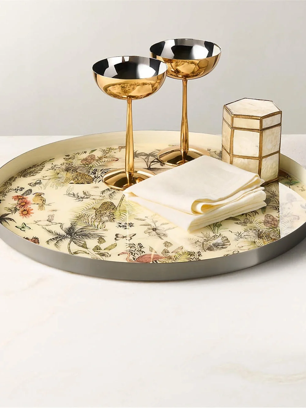 CB2 Decorative Tropical Print Serving Tray in Cream and Pink